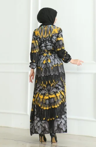 Desenli Kuşaklı Viskon Elbise 0496-03 Antrasit