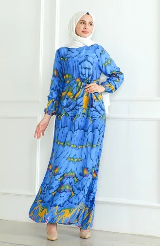 Robe Viscose A Motifs Et Ceinturée 0496-04 Bleu 0496-04