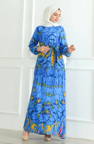 Robe Viscose A Motifs Et Ceinturée 0496-04 Bleu 0496-04