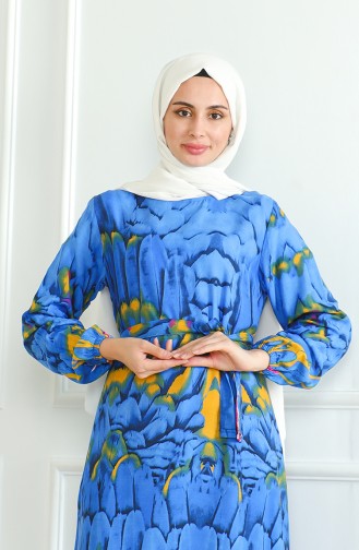 Desenli Kuşaklı Viskon Elbise 0496-04 Mavi