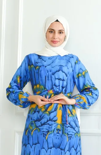 Robe Viscose A Motifs Et Ceinturée 0496-04 Bleu 0496-04