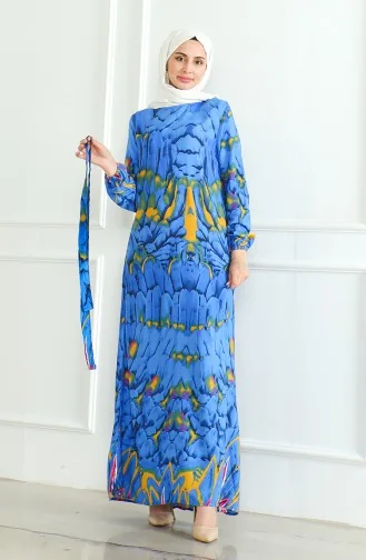 Robe Viscose A Motifs Et Ceinturée 0496-04 Bleu 0496-04