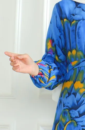 Robe Viscose A Motifs Et Ceinturée 0496-04 Bleu 0496-04