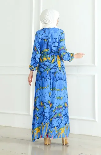 Robe Viscose A Motifs Et Ceinturée 0496-04 Bleu 0496-04