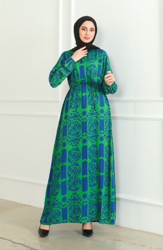 Gemustertes Viskosekleid Mit Gürtel 0499-01 Grün 0499-01