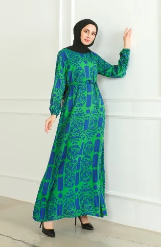 Viscose-jurk Met Patroon En Riem 0499-01 Groen 0499-01
