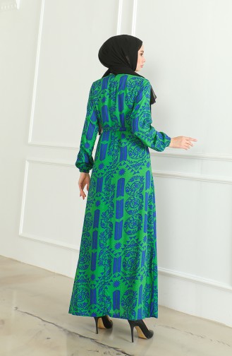 Gemustertes Viskosekleid Mit Gürtel 0499-01 Grün 0499-01