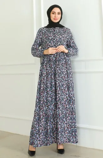 Robe Viscose à Motifs Demi Boutonnée 0500-01 Noir Turquoise 0500-01