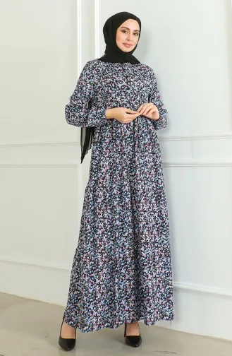 Robe Viscose à Motifs Demi Boutonnée 0500-01 Noir Turquoise 0500-01