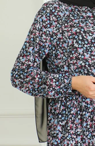 Robe Viscose à Motifs Demi Boutonnée 0500-01 Noir Turquoise 0500-01