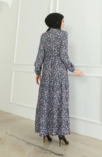 Robe Viscose à Motifs Demi Boutonnée 0500-01 Noir Turquoise 0500-01