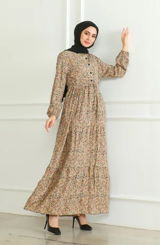 Half Button Patterned Viscose Dress 0500-02 Mink 0500-02