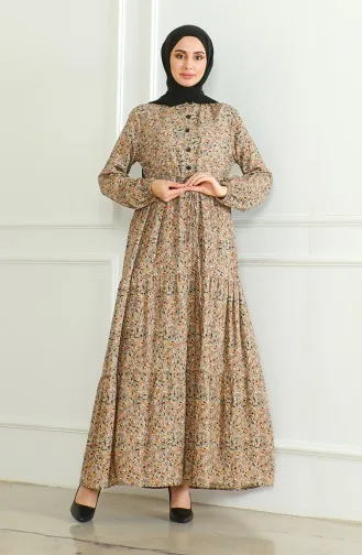 Half Button Patterned Viscose Dress 0500-02 Mink 0500-02