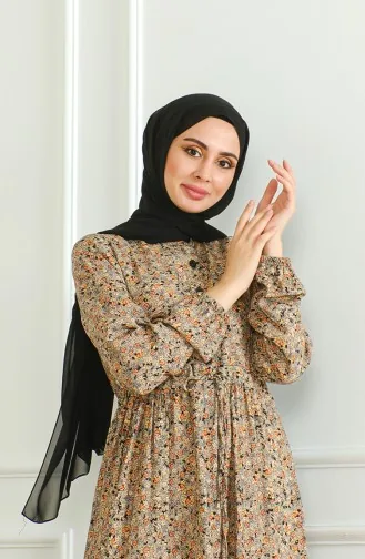 Half Button Patterned Viscose Dress 0500-02 Mink 0500-02