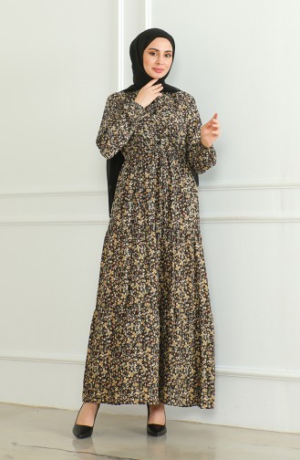 Gemustertes Viskosekleid Mit Halben Knöpfen 0500-03 Braun 0500-03