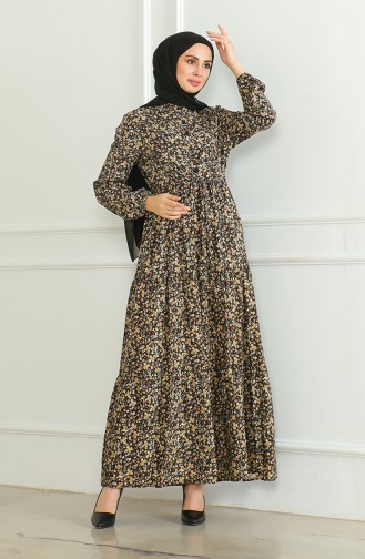 Gemustertes Viskosekleid Mit Halben Knöpfen 0500-03 Braun 0500-03