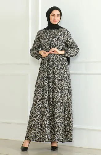 Robe Viscose A Motifs Demi Boutonnée 0500-04 Noir Vison 0500-04