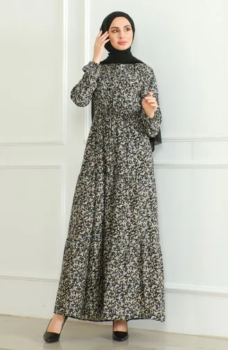 Robe Viscose A Motifs Demi Boutonnée 0500-04 Noir Vison 0500-04