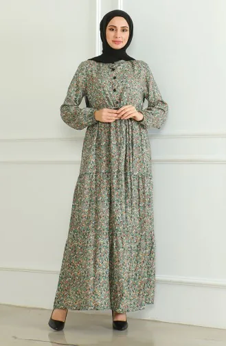 Half Button Patterned Viscose Dress 0500-06 Gray Green 0500-06