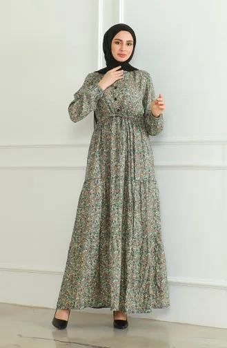 Half Button Patterned Viscose Dress 0500-06 Gray Green 0500-06