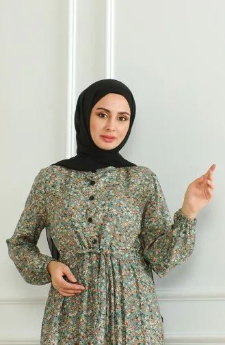 Half Button Patterned Viscose Dress 0500-06 Gray Green 0500-06