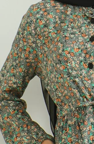 Half Button Patterned Viscose Dress 0500-06 Gray Green 0500-06