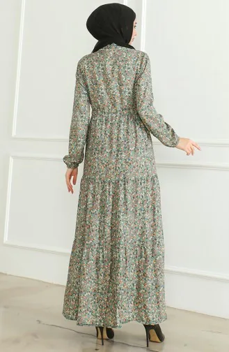Half Button Patterned Viscose Dress 0500-06 Gray Green 0500-06