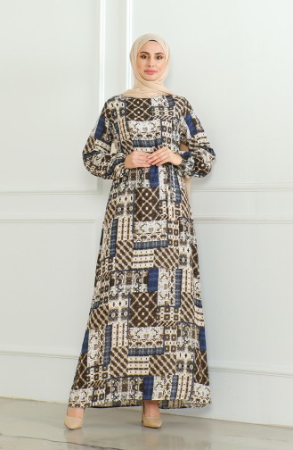 Gemustertes Viskosekleid Mit Gürtel 0502-01 Braun Marineblau 0502-01