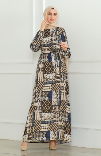 Gemustertes Viskosekleid Mit Gürtel 0502-01 Braun Marineblau 0502-01