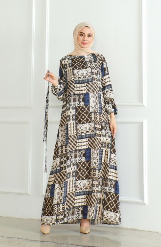 Gemustertes Viskosekleid Mit Gürtel 0502-01 Braun Marineblau 0502-01