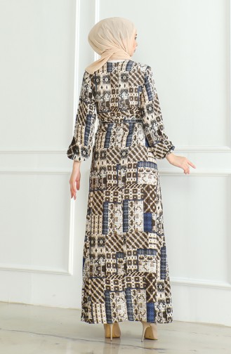 Gemustertes Viskosekleid Mit Gürtel 0502-01 Braun Marineblau 0502-01