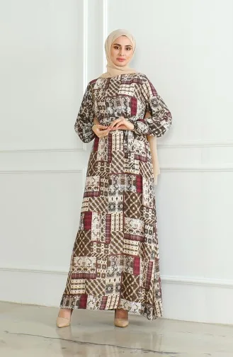 Patterned Belted Viscose Dress 0502-03 Brown Plum 0502-03