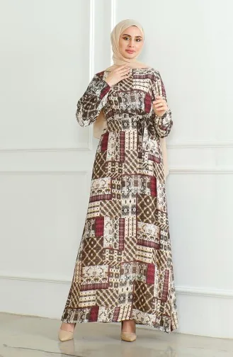 Patterned Belted Viscose Dress 0502-03 Brown Plum 0502-03