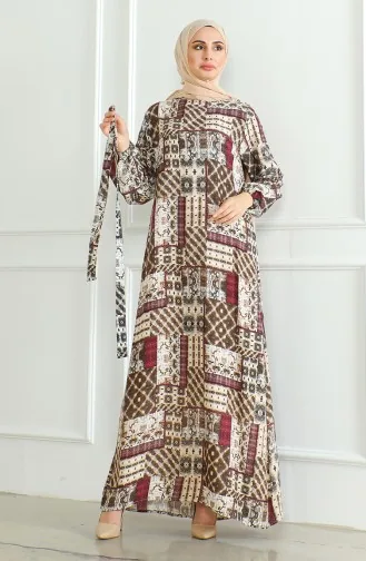 Patterned Belted Viscose Dress 0502-03 Brown Plum 0502-03