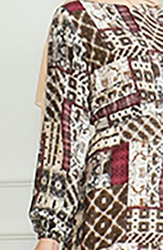 Patterned Belted Viscose Dress 0502-03 Brown Plum 0502-03