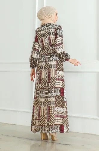 Patterned Belted Viscose Dress 0502-03 Brown Plum 0502-03