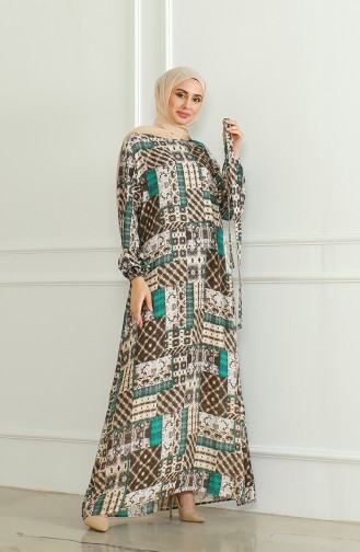 Gemustertes Viskosekleid Mit Gürtel 0502-04 Braungrün 0502-04