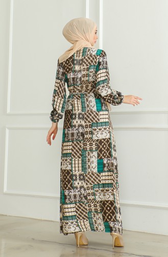 Gemustertes Viskosekleid Mit Gürtel 0502-04 Braungrün 0502-04