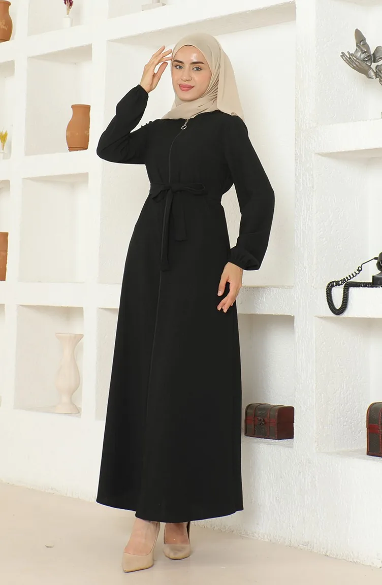 Bürümcük Abaya Avec Ceinture En Tissu 1019-01 Noir 1019-01