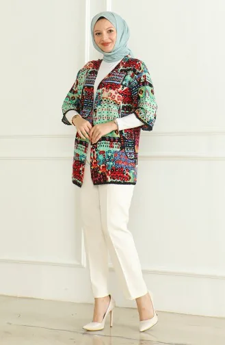 Desenli Viskon Kimono 83006-01 Siyah Yeşil