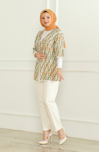 Gemusterter Viskose-Kimono 83006C-01 Khaki Ecru 83006C-01