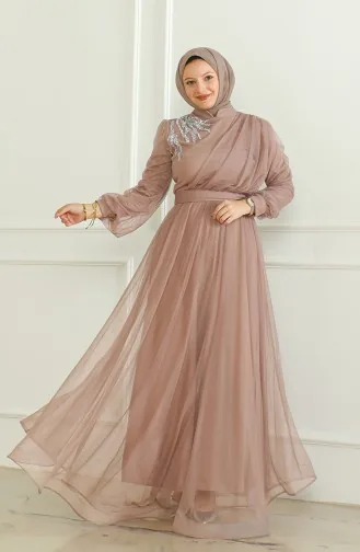 Pullu Şifon Abiye Elbise 6348-02 Vizon