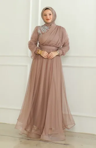 Pullu Şifon Abiye Elbise 6348-02 Vizon