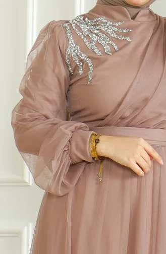 Pullu Şifon Abiye Elbise 6348-02 Vizon