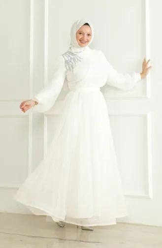 Pullu Şifon Abiye Elbise 6348-03 Beyaz