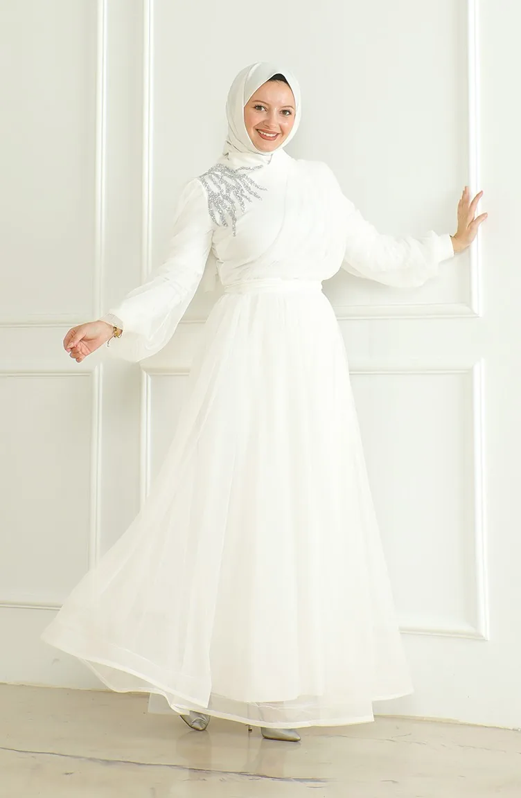 Pullu Şifon Abiye Elbise 6348-03 Beyaz