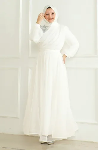 Pullu Şifon Abiye Elbise 6348-03 Beyaz