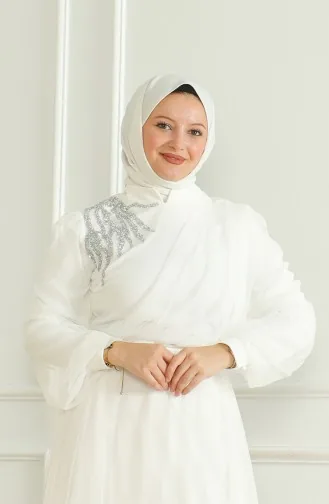 Pullu Şifon Abiye Elbise 6348-03 Beyaz