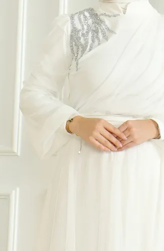 Pullu Şifon Abiye Elbise 6348-03 Beyaz