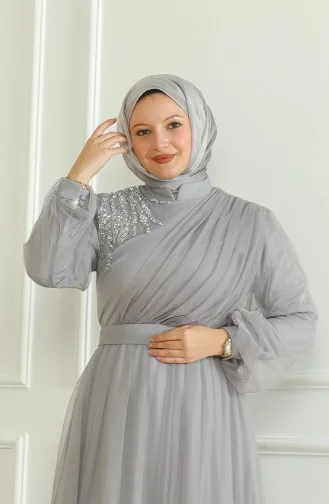 Sequined Chiffon Evening Dress 6348-04 Gray 6348-04